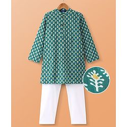 Pine Kids Cotton Woven Full Sleeves Kurta Pyjama Set With Floral Print- Dark Green