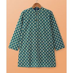 Pine Kids Cotton Woven Full Sleeves Kurta Pyjama Set With Floral Print- Dark Green