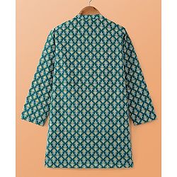 Pine Kids Cotton Woven Full Sleeves Kurta Pyjama Set With Floral Print- Dark Green