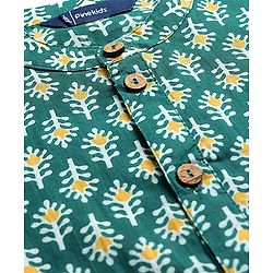 Pine Kids Cotton Woven Full Sleeves Kurta Pyjama Set With Floral Print- Dark Green