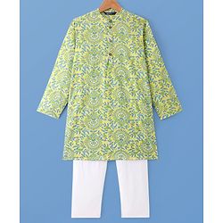 Pine Kids Cotton Woven Full Sleeves  Kurta Pyjama Set with Floral Print - Yellow