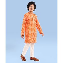 Pine Kids Cotton Woven Full Sleeves Kurta Pyjama Set With Floral Print - Orange