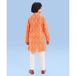 Pine Kids Cotton Woven Full Sleeves Kurta Pyjama Set With Floral Print - Orange