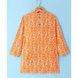 Pine Kids Cotton Woven Full Sleeves Kurta Pyjama Set With Floral Print - Orange