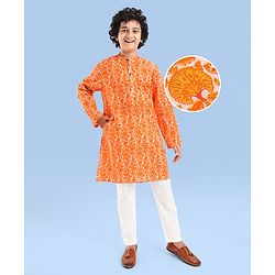 Pine Kids Cotton Woven Full Sleeves Kurta Pyjama Set With Floral Print - Orange