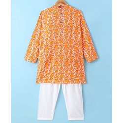 Pine Kids Cotton Woven Full Sleeves Kurta Pyjama Set With Floral Print - Orange