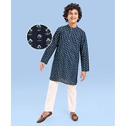 Pine Kids Cotton Woven Full Sleeves  Kurta Pyjama Set Floral Print - Navy Blue