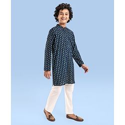 Pine Kids Cotton Woven Full Sleeves  Kurta Pyjama Set Floral Print - Navy Blue
