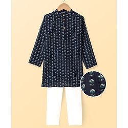 Pine Kids Cotton Woven Full Sleeves  Kurta Pyjama Set Floral Print - Navy Blue