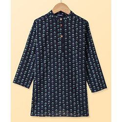 Pine Kids Cotton Woven Full Sleeves  Kurta Pyjama Set Floral Print - Navy Blue