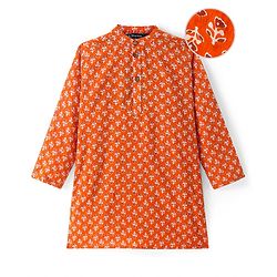 Pine Kids Cotton Woven Full Sleeves Kurta Floral Print - Rust