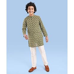 Pine Kids Cotton Woven Full Sleeves Printed Kurta - Olive Green