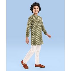 Pine Kids Cotton Woven Full Sleeves Printed Kurta - Olive Green