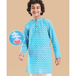 Pine Kids Cotton Woven Full Sleeves Kurta Floral Print - Light Blue