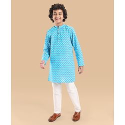 Pine Kids Cotton Woven Full Sleeves Kurta Floral Print - Light Blue