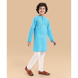 Pine Kids Cotton Woven Full Sleeves Kurta Floral Print - Light Blue