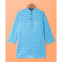 Pine Kids Cotton Woven Full Sleeves Kurta Floral Print - Light Blue