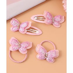 Pine Kids Rubber Bands & Snap Clips Set with Butterfly Applique Pack of 4 - Dark Pink