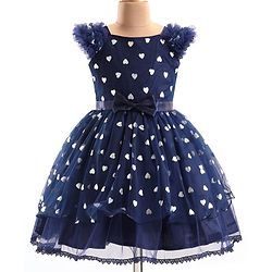 Pine Kids Woven Frill Sleeves Party Dress with Bow Applique Hearts Print - Navy Blue
