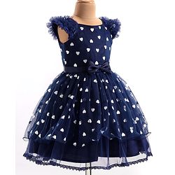 Pine Kids Woven Frill Sleeves Party Dress with Bow Applique Hearts Print - Navy Blue