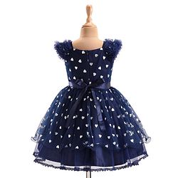 Pine Kids Woven Frill Sleeves Party Dress with Bow Applique Hearts Print - Navy Blue