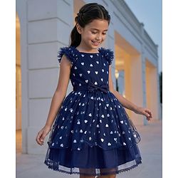 Pine Kids Woven Frill Sleeves Party Dress with Bow Applique Hearts Print - Navy Blue