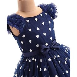 Pine Kids Woven Frill Sleeves Party Dress with Bow Applique Hearts Print - Navy Blue