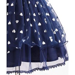 Pine Kids Woven Frill Sleeves Party Dress with Bow Applique Hearts Print - Navy Blue