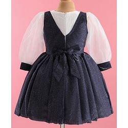 Pine Kids Woven Full Volume Sleeves Shimmer Party Dress - White & Navy Blue