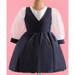 Pine Kids Woven Full Volume Sleeves Shimmer Party Dress - White & Navy Blue