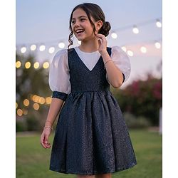 Pine Kids Woven Full Volume Sleeves Shimmer Party Dress - White & Navy Blue