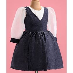 Pine Kids Woven Full Volume Sleeves Shimmer Party Dress - White & Navy Blue