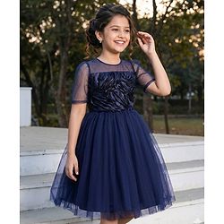 Pine Kids Woven Puffed Sleeves Party Dress - Navy Blue
