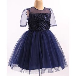 Pine Kids Woven Puffed Sleeves Party Dress - Navy Blue