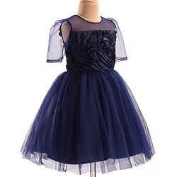 Pine Kids Woven Puffed Sleeves Party Dress - Navy Blue