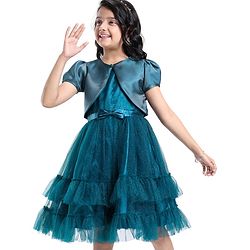 Pine Kids Woven Puffed Sleeves Jacket with Gilttery Tiered Party Dress  Bow Applique - Teal Blue