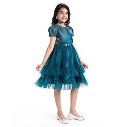 Pine Kids Woven Puffed Sleeves Jacket with Gilttery Tiered Party Dress  Bow Applique - Teal Blue