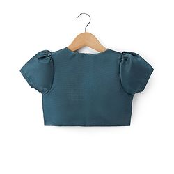 Pine Kids Woven Puffed Sleeves Jacket with Gilttery Tiered Party Dress  Bow Applique - Teal Blue