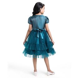 Pine Kids Woven Puffed Sleeves Jacket with Gilttery Tiered Party Dress  Bow Applique - Teal Blue