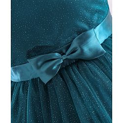 Pine Kids Woven Puffed Sleeves Jacket with Gilttery Tiered Party Dress  Bow Applique - Teal Blue
