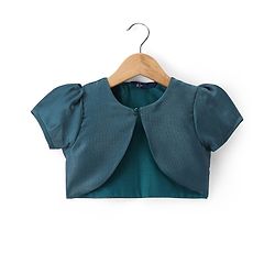 Pine Kids Woven Puffed Sleeves Jacket with Gilttery Tiered Party Dress  Bow Applique - Teal Blue