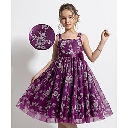 Pine Kids Woven Sleeveless Gown with Corsage Applique Floral Print - Boysenberry Purple