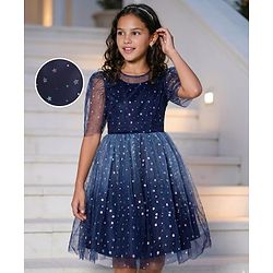 Pine Kids Woven Half Sleeves Party Frock with Star Glitter Print - Navy Blue
