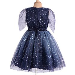Pine Kids Woven Half Sleeves Party Frock with Star Glitter Print - Navy Blue