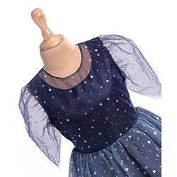 Pine Kids Woven Half Sleeves Party Frock with Star Glitter Print - Navy Blue
