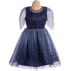 Pine Kids Woven Half Sleeves Party Frock with Star Glitter Print - Navy Blue