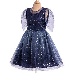 Pine Kids Woven Half Sleeves Party Frock with Star Glitter Print - Navy Blue