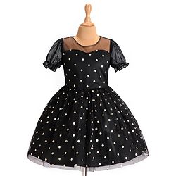 Pine Kids Woven Half Puffed Sleeves Party Frock with Polka Dots Foil Print - Black