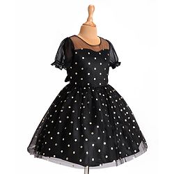 Pine Kids Woven Half Puffed Sleeves Party Frock with Polka Dots Foil Print - Black