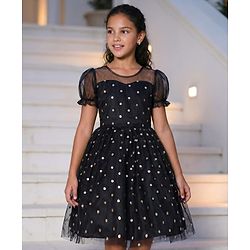 Pine Kids Woven Half Puffed Sleeves Party Frock with Polka Dots Foil Print - Black